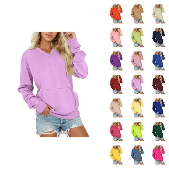 Womens Clothes Women's Solid Sweatshirt Women's V Neck Pullover Sweatshirt Soft Long Sleeve Casual Tops For Daily Wear And Sports Comfortable Loose Fit Winter Clothing With Pockets