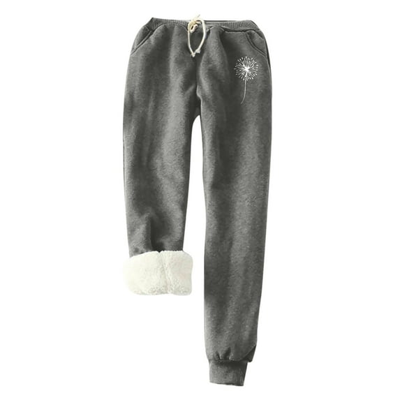 Women's Winter Warm Fuzzy Sweatpant Elastic High Waist Sherpa Lined Jogger Fleece Pants Drawstring Trendy Printed Pants