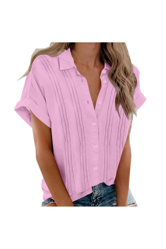 Womens Clothing Under 5 IHengLiXing Ladies Flap Collar High Low Tops 2025 ,Woman Fashion Causal Button Solid Blouse Short Sleeve T-Shirt Summer Tops(Pink,S)
