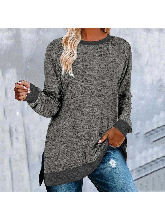 Womens Clothing Long Sleeve Round Neck Split Top Loose Casual Pullover Top Shirt
