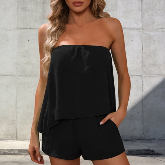 Womens Clothing Sets Strapless 2 Piece Shorts Sets Women Sleeveless Ruched Flowy Tube Tops with Shorts for Summer Vacation Black M
