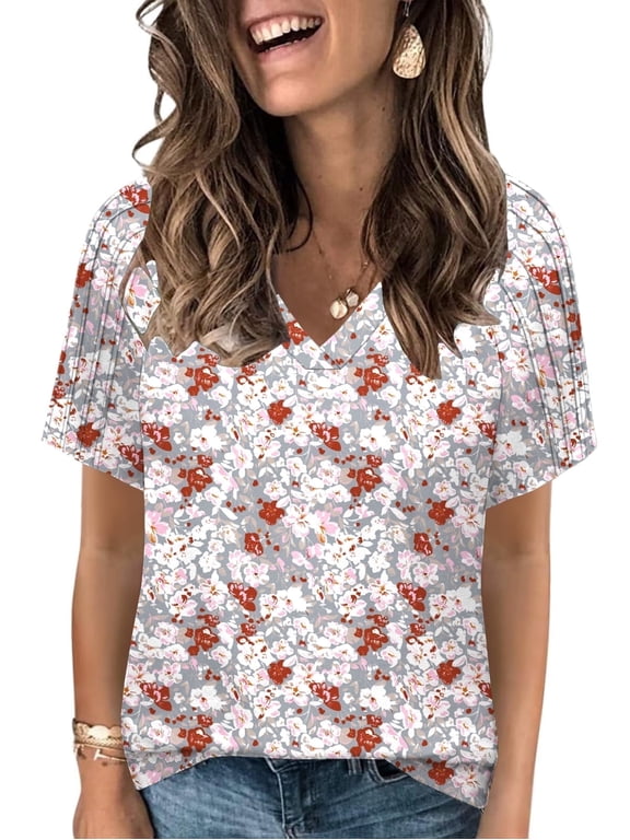 Womens Clothing Trendy Pleated Sleeve Tops Loose Fit V-Neck Summer Flattering Floral Tshirts L YH002