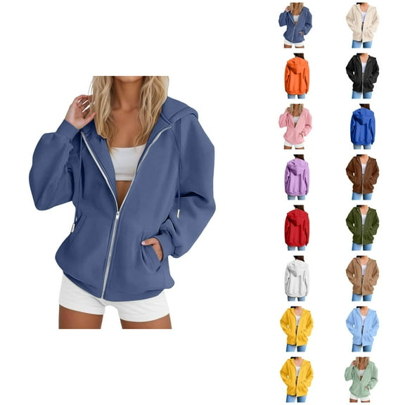 Womens Clothing Women's Solid Color Sweatshirt Trendy Women's Hoodies And Sweatshirts Stylish Solid Zip Up Jacket For Everyday Wear Long Sleeve Coat