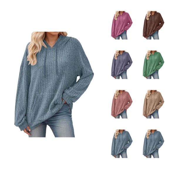 Womens Clothing Women's Solid Sweatshirt Women's Hooded Sweatshirt Long Sleeve Ribbed Pullover Casual Loungewear Soft Cozy Comfortable Warm Winter Fall Spring Outerwear