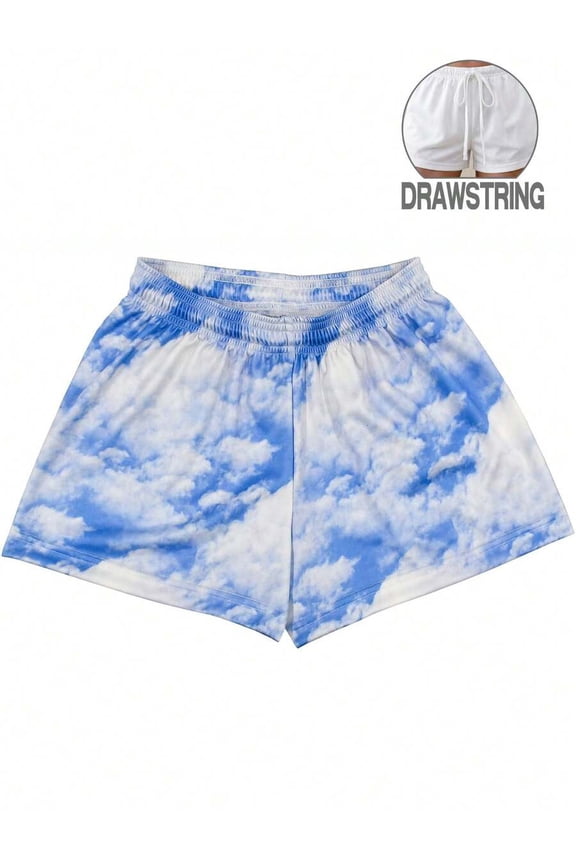 Womens Cloud Print Drawstring Shorts Multicolor Casual Loose Fit