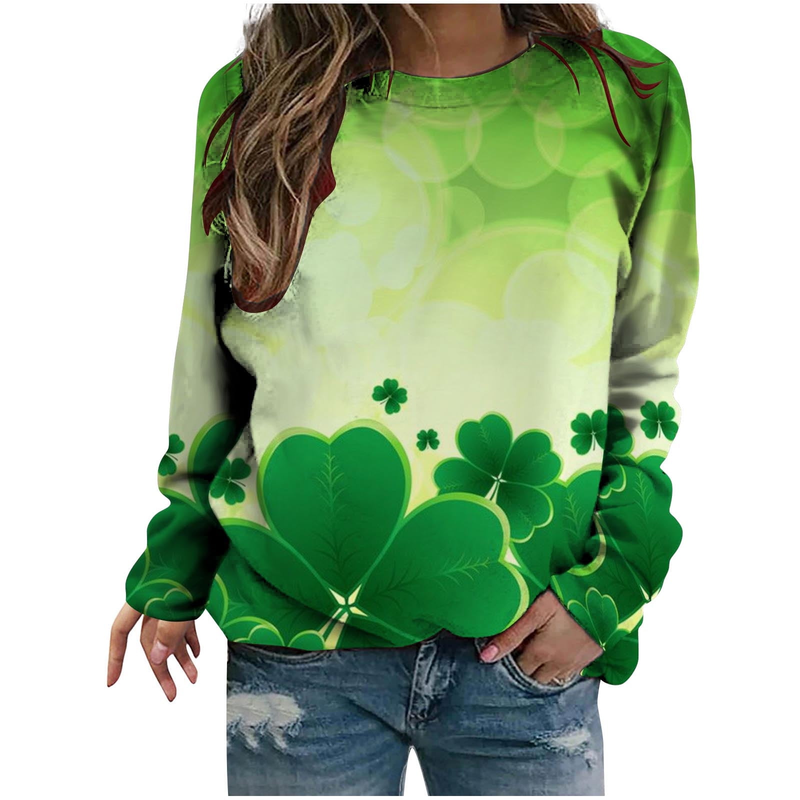 Womens Clover Sweatshirt Long Sleeve Shamrock Pullover Casual Tunics T ...