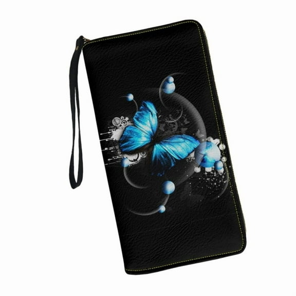 Womens Clutch Wallet Blue Butterfly Print RFID Blocking Wristlet Wallets Credit Cards Purse for Ladies Teenage Girls