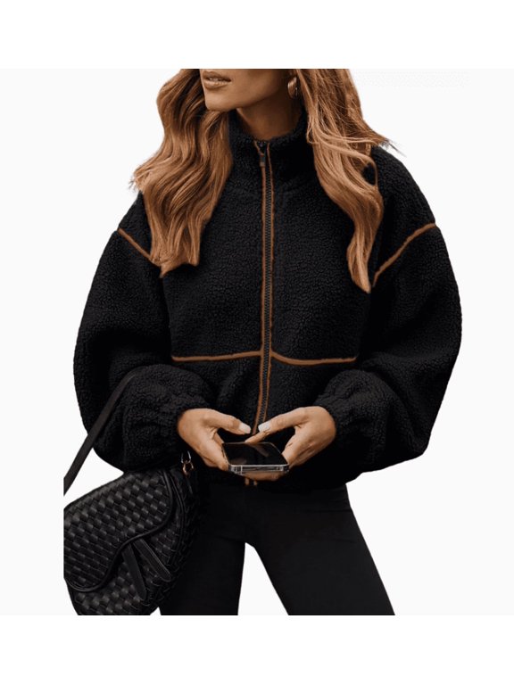 Womens Coat Casual Lapel Full Zip Fleece Jacket Long Sleeve Oversized Warm Winter Outwear with Pockets