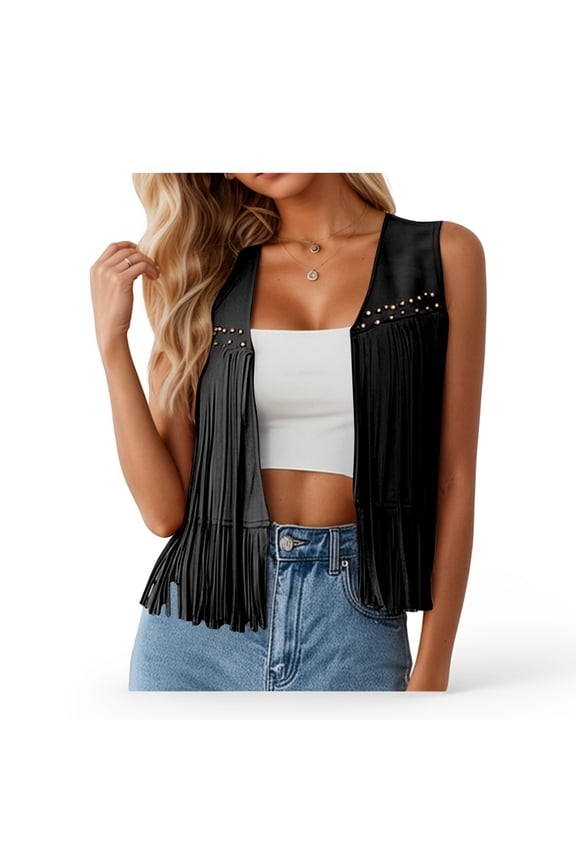 Womens Coat Fringe Vest Boho Sleeveless Hippie Style Western Denim Blouses,Black,L