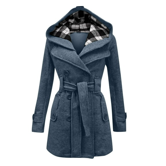 Womens Coat Jacket Winter Warm Hooded Long Sections Belt Double Breasted