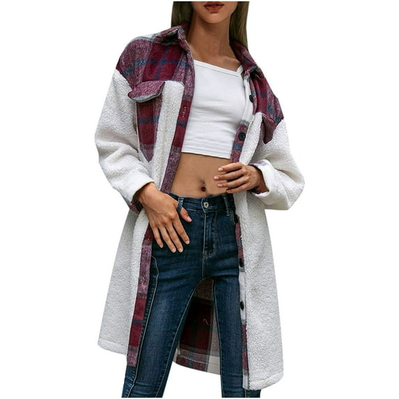 Womens Coat,Ladies Plaid Long Trench Coat Sherpa Fleece Shacket Jacket Collared Checked Flannel Shacket Longline Button Down Autumn and Winter Overcoat Outwear with Pockets