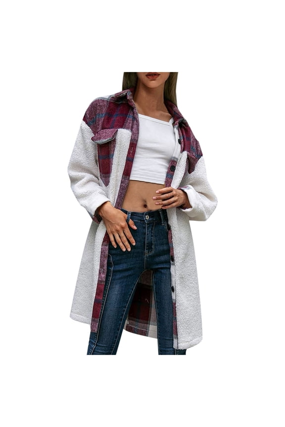 Womens Coat,Ladies Plaid Long Trench Coat Sherpa Fleece Shacket Jacket Collared Checked Flannel Shacket Longline Button Down Autumn and Winter Overcoat Outwear with Pockets