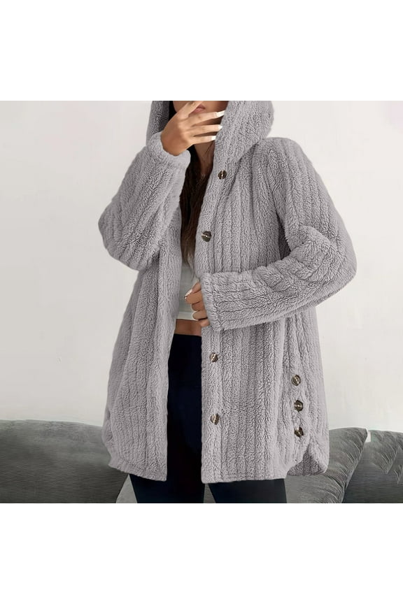 Womens Coat Plus Size Women's Winter Long Sleeved Hooded Warm Jacket Solid Color Button Top Jacket,Beige_L