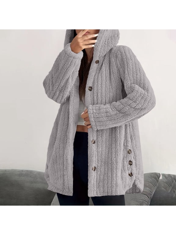 Womens Coat Plus Size Women's Winter Long Sleeved Hooded Warm Jacket Solid Color Button Top Jacket,Beige_L