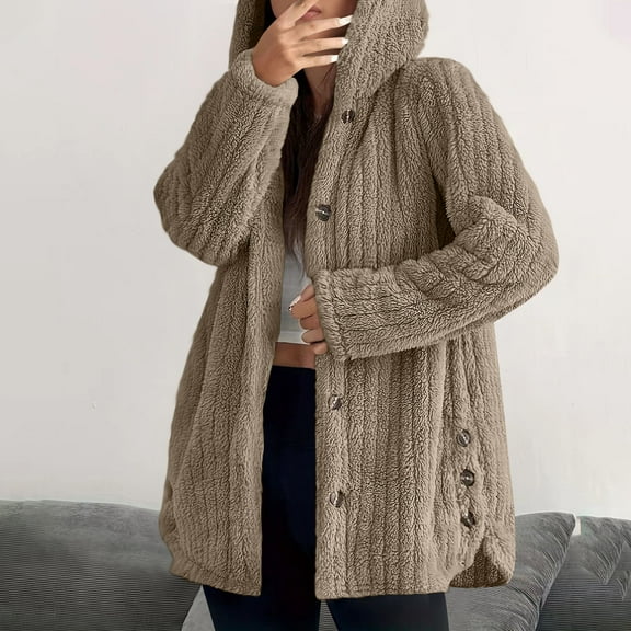 Womens Coat Plus Size Women's Winter Long Sleeved Hooded Warm Jacket Solid Color Button Top Jacket,Beige_L