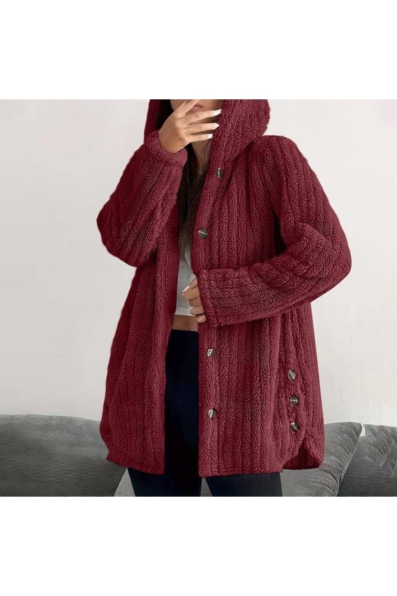 Womens Coat Plus Size Women's Winter Long Sleeved Hooded Warm Jacket Solid Color Button Top Jacket,Beige_L