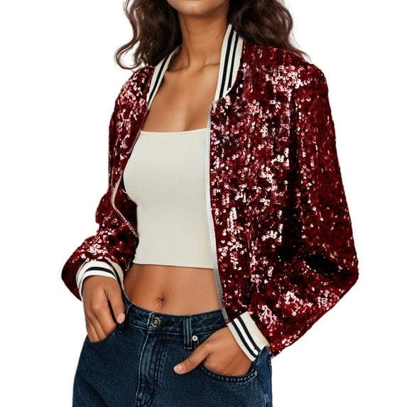 Womens Coat V Neck Zipper Sequin Long Sleeve Baseball Blouse,Red,L