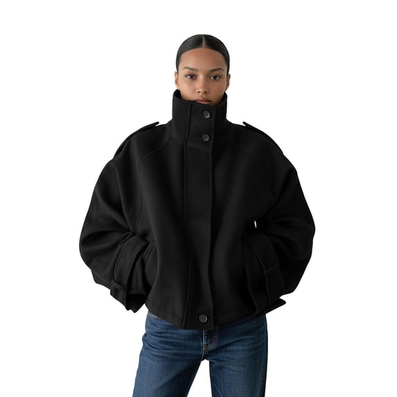 Womens Coat Winter Stand Collar Jacket Long Sleeve Overcoat (Black M)