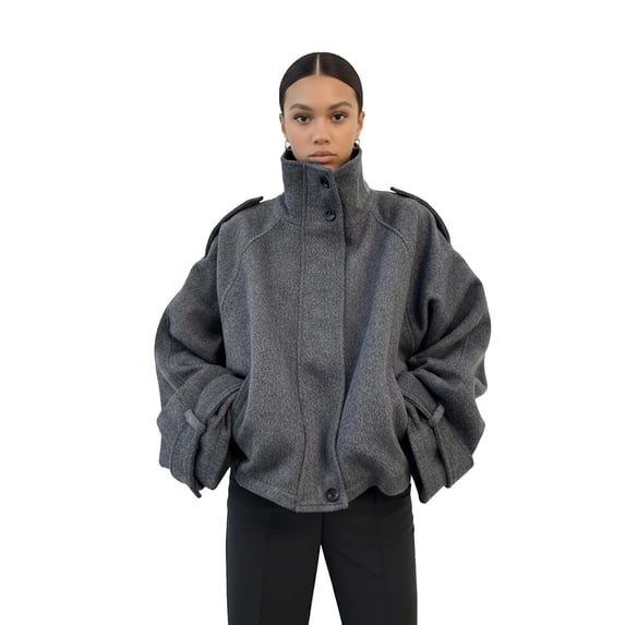 Womens Coat Winter Stand Collar Jacket Long Sleeve Overcoat (Grey L)
