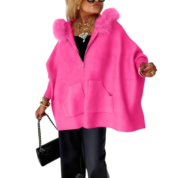 Womens Coat with Furry Hood Zipper Closure Front Pockets Loose Fit Outerwear for Daily Wear Warm Winter Jacket Hot Pink XL