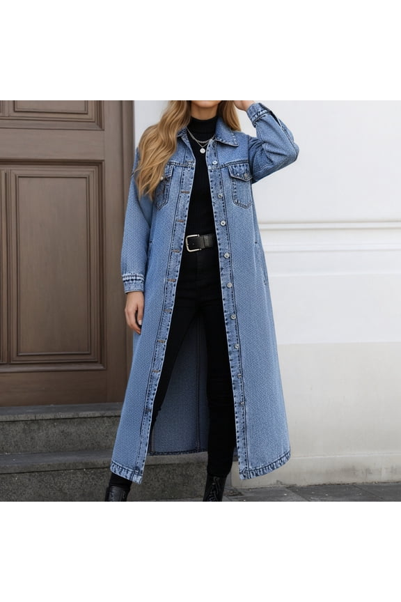 Womens Coats And Jackets Long Denim Overcoat Loose Button Down Jean Jacket (Blue XXL)