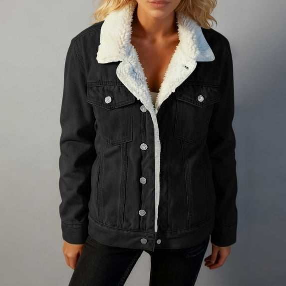 Womens Coats Denim Jacket Pocket Button-Up Turndown Collar Long Sleeve Solid Color Denim Outwear,Denim Jacket for Women Black S