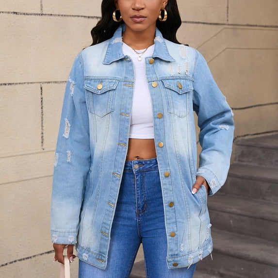 Womens Coats Lapel Button-Up Pockets Denim Jacket Solid Long Sleeve Casual Jacket Coat,Denim Jacket for Women Light Blue S