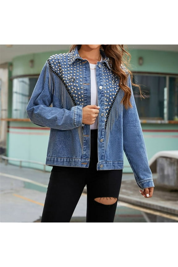 Womens Coats Lapel Casual Frayed Tassel Blue Denim Jacket Fringe Rhinestone Button-Up Jean Coats,Denim Jacket for Women Blue S