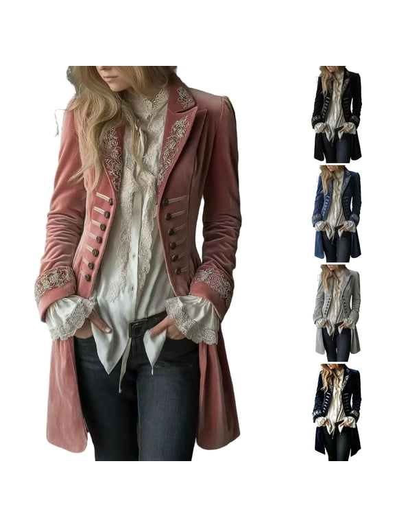Womens Coats Lapel Long Sleeve Gothic Oversized Long Coat Victorian Vintage Velvet Embroidered Casual Lightweight Work Travel Frock Coat Pink 2XL