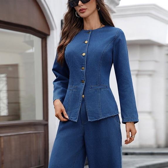 Womens Coats Long Sleeve Denim Jacket Casual Button Solid Color Round Neck Denim Jacket,Denim Jacket for Women Blue M