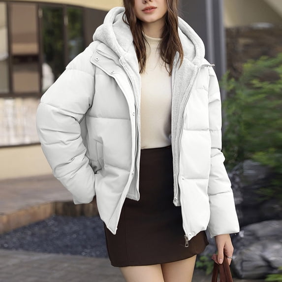 Womens Coats Long Sleeved Hooded Zipper Solid Color Jacket Casual Outwear,Coats for Women White L