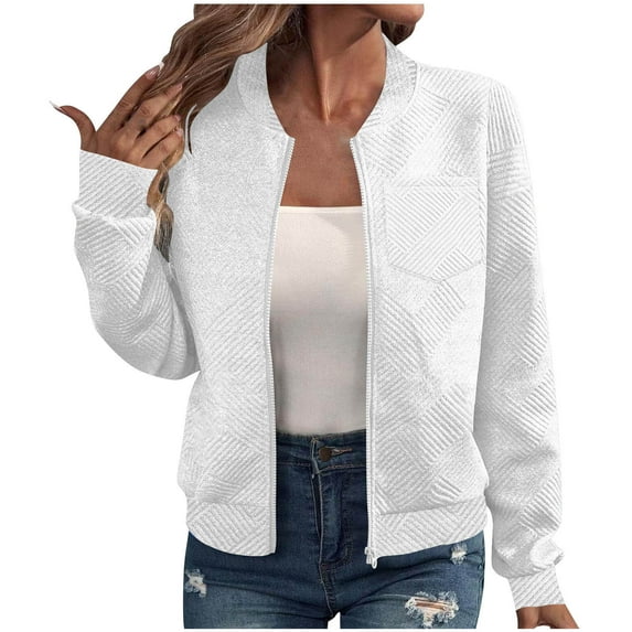 Womens Coats Long Sleeved Zipper Pocket Jacket Casual Solid Jacket,Coats for Women White M
