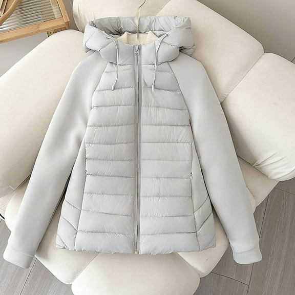 Womens Coats Long-sleeved Hooded Pocket Zipper Solid-color Winter Cotton Padded Jacket,Coats for Women Gray S