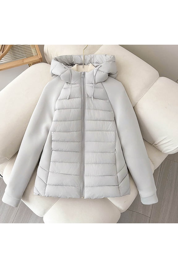 Womens Coats Long-sleeved Hooded Pocket Zipper Solid-color Winter Cotton Padded Jacket,Coats for Women Gray S