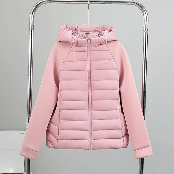 Womens Coats Long-sleeved Hooded Pocket Zipper Solid-color Winter Cotton Padded Jacket,Coats for Women Pink S