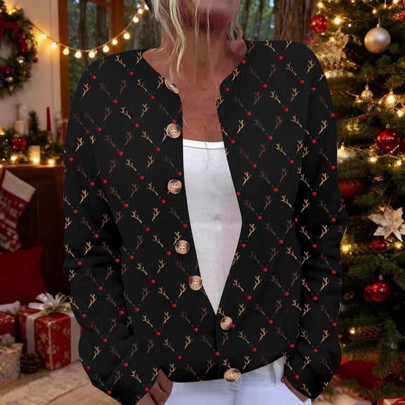 Womens Coats Merry Christmas Cardigan Long Sleeve Hollowed Out Print Casual Jacket,Coats for Women Black L