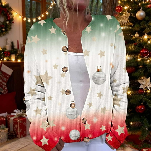 Womens Coats Merry Christmas Cardigan Long Sleeve Hollowed Out Print Casual Jacket,Coats for Women Multicolor S
