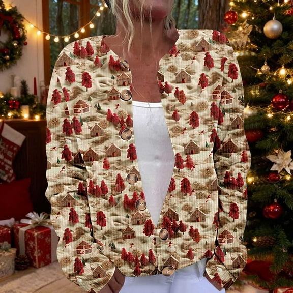 Womens Coats Merry Christmas Cardigan Long Sleeve Hollowed Out Print Casual Jacket,Coats for Women Yellow M