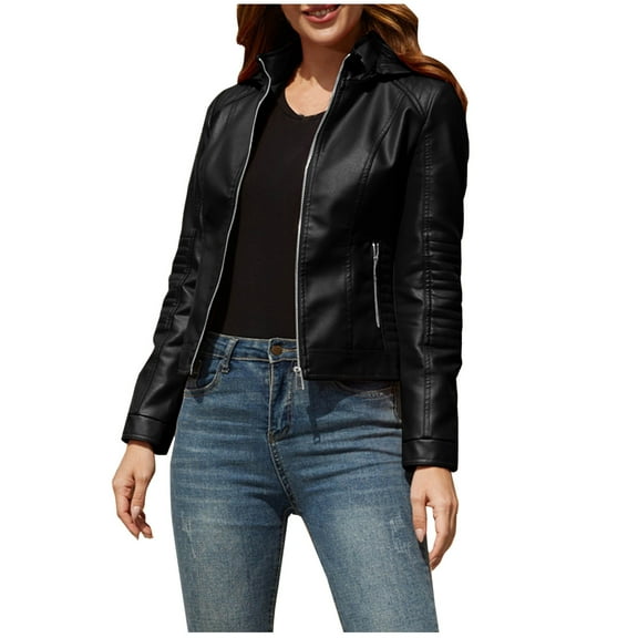 Womens Coats Outerwear Winter Casual Women's Collar Neck Summer Outwear Pocket Regular Women's Hooded Faux Leather Long Sleeve