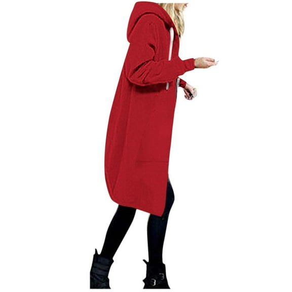 Womens Coats Outerwear Winter Women's Hooded Jacket Solid Color Zip Long Sleeve Pocket Top Blouse Coat