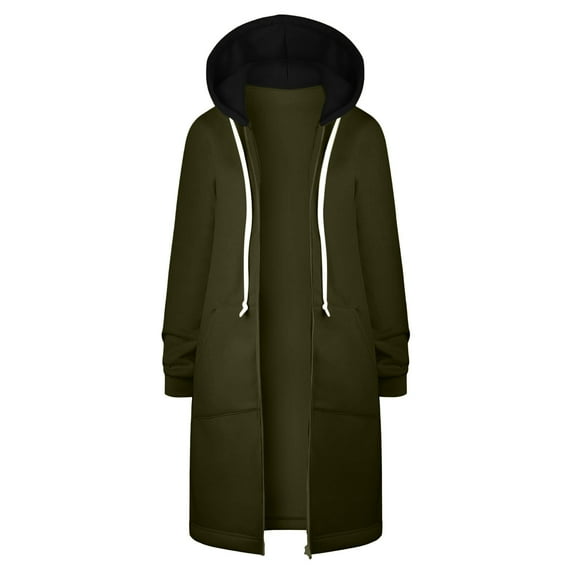 Womens Coats Outerwear Winter Women's Solid Color Jacket Thickening and Fleece and Winter Casual Zipper Long Sleeve Pocket Hooded Long Sweater