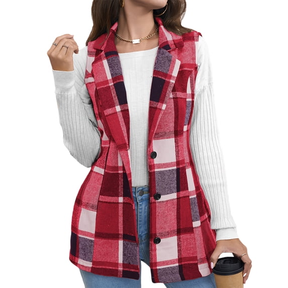 Womens Coats Plaid Vest Coat Leisure Lapel Neck Button Front Sleeveless Jacket Outerwear Dressy Classic Outerwear