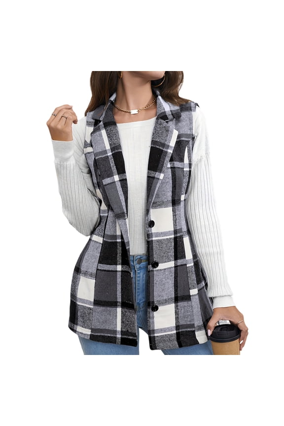 Womens Coats Plaid Vest Coat Leisure Lapel Neck Button Front Sleeveless Jacket Outerwear Dressy Classic Outerwear