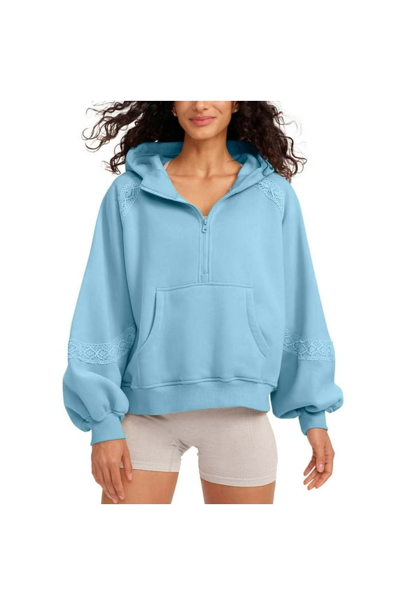 Womens Coats Plus Size Long Sleeve Hooded Half Zipper Coat Solid Color Pocket Lace Stitching Jacket Outerwear,Tops for Women