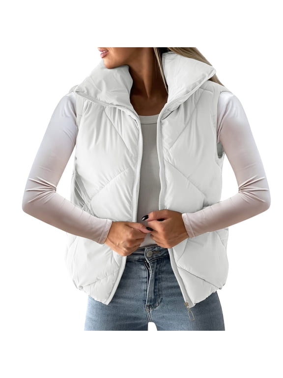 Womens Coats Pockets Full Zip Long Sleeve Quilted Short Bubble Vest Jackets for Women