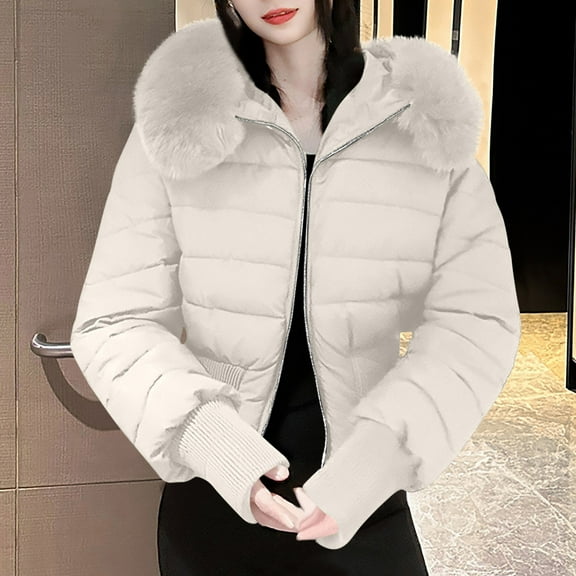Womens Coats Polka Fleece Long-sleeved Thickened Casual Padded Jacket Hooded Jacket,Coats for Women White L