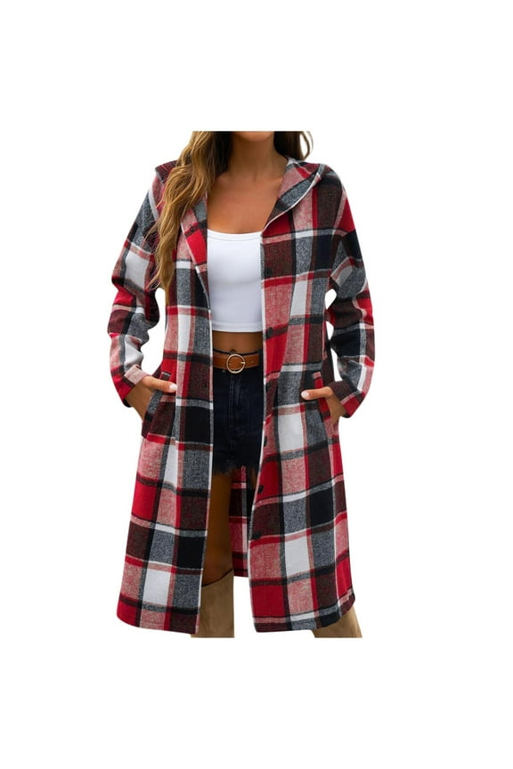 Womens Coats Printing Hooded Plaid Button Casual Long Sleeves Cardigan Coat,Coats for Women Red M