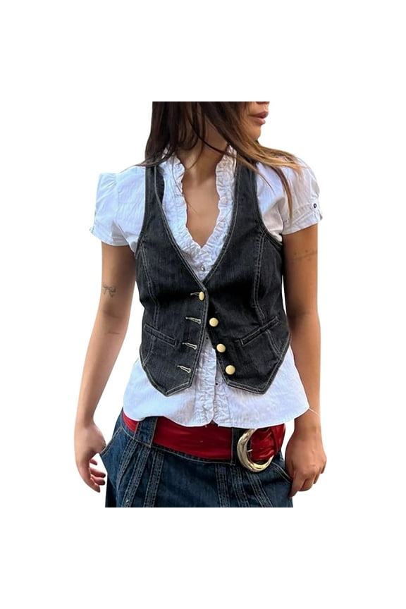 Womens Coats Ripped Crop Sleeveless V Neck Denim With Pockets Blouses,Black,L