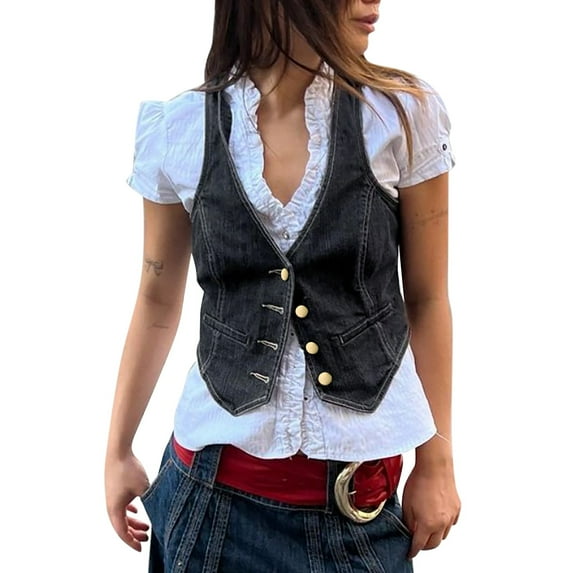 Womens Coats Ripped Crop Sleeveless V Neck Denim With Pockets Blouses,Black,S