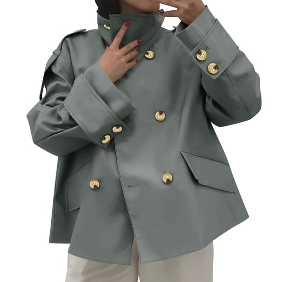 Womens Coats Trench Coat Stand Collar Oversized Double Breasted Cropped Jacket Fall Casual Work Outerwear,Coats for Women Gray L